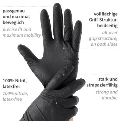 Nitrilhandschuhe Power Grip Light, schwarz, puderfrei - Karton mit 10 Päckchen á 100 Stück