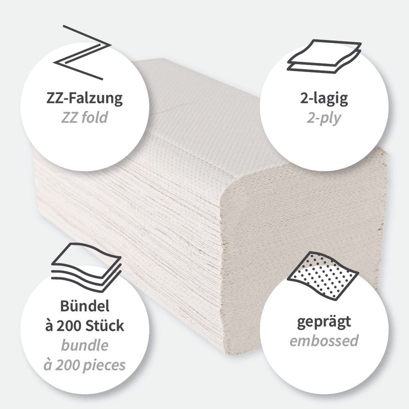 Papierhandtücher, 2-lagig, weiß | Recyclingpapier, V/ZZ-Falzung, FSC®-Recycled - Karton mit 3200 Stück (16 x 200 Stück)