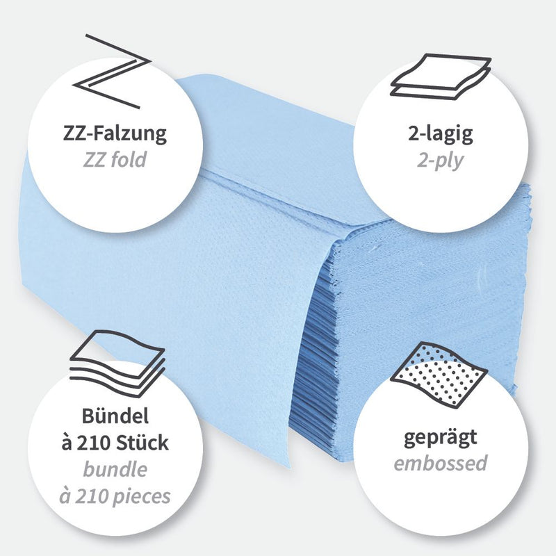 Papierhandtücher, 2-lagig, verschiedene Farben | Recyclingpapier, V/ZZ-Falzung - Karton mit 3150 bzw. 4000 Stück