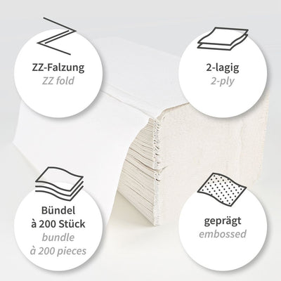 Papierhandtücher, 2-lagig, verschiedene Farben | Recyclingpapier, V/ZZ-Falzung - Karton mit 3150 bzw. 4000 Stück