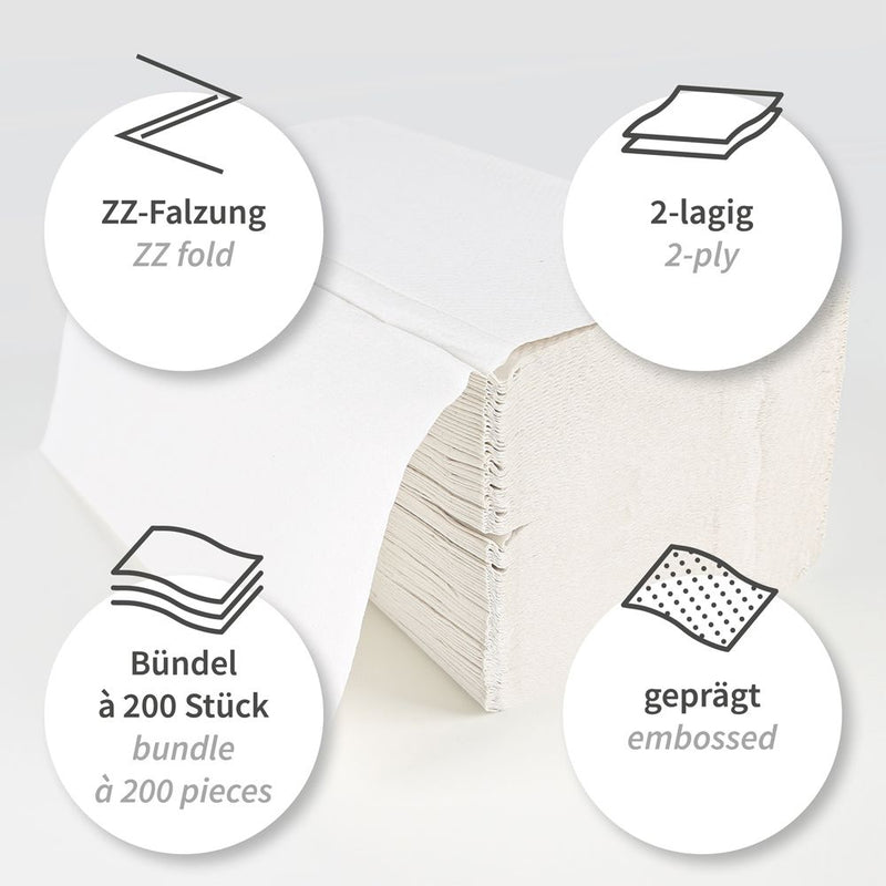 Papierhandtücher, 2-lagig, verschiedene Farben | Recyclingpapier, V/ZZ-Falzung - Karton mit 3150 bzw. 4000 Stück