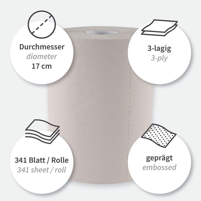 Bio Papierhandtuchrollen, 3-lagig, natur | Recyclingpapier, Innenabwicklung, FSC®-Recycled - Karton mit 6 Stück