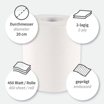 Papierhandtuchrollen, 2-lagig, weiß | Zellulose, Innenabwicklung - Karton mit 6 Stück