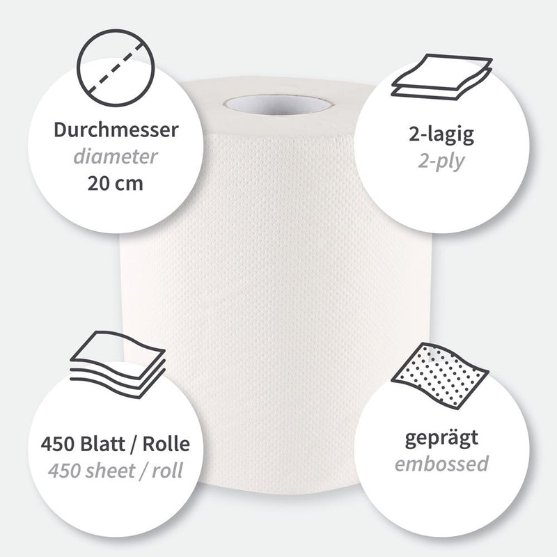 Papierhandtuchrollen, 2-lagig, weiß | Zellulose, Innenabwicklung - Karton mit 6 Stück
