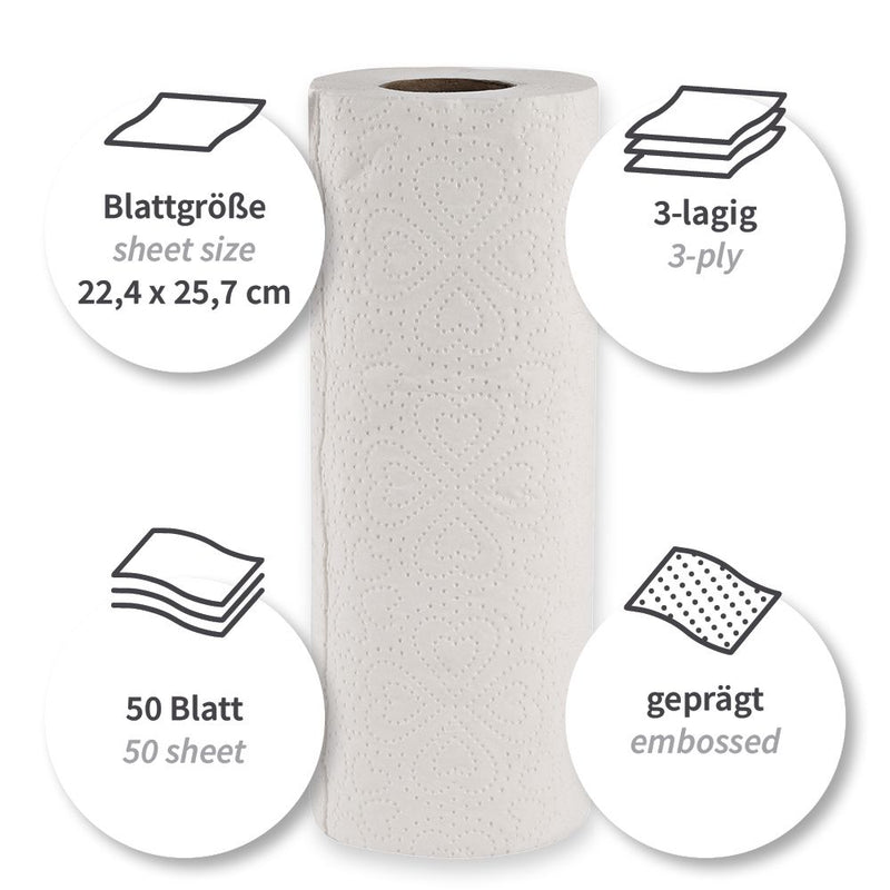 Küchenrollen, 3-lagig / Zellulose, Karton mit 32 Rollen á 50 Blatt