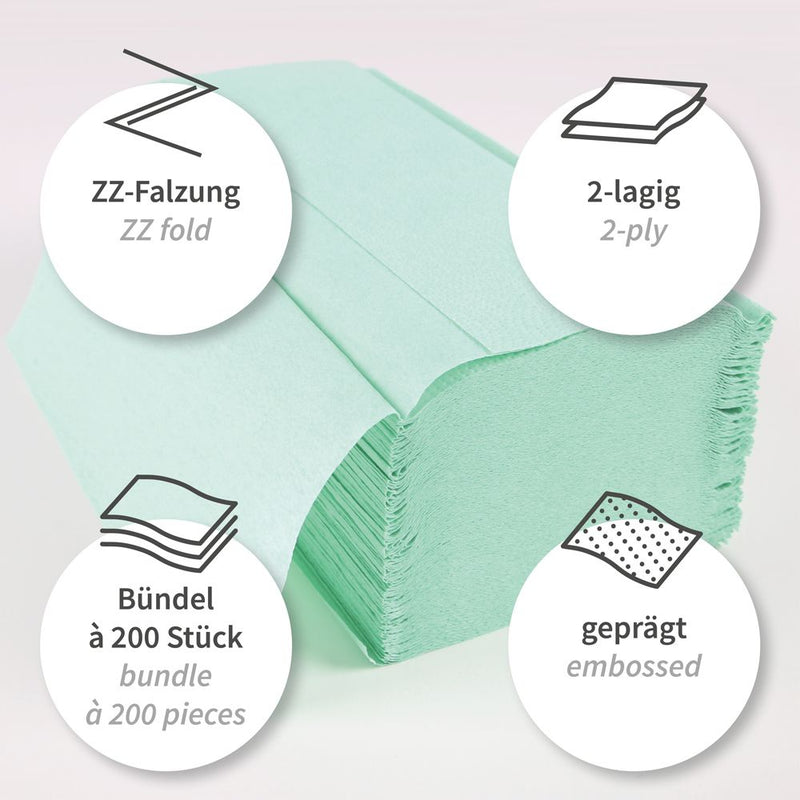 Papierhandtücher, 2-lagig, verschiedene Farben | Zellulose, V/ZZ-Falzung - Karton mit 2700 bzw. 3700 Stück (Farbe weiß) oder 4000 Stück (Farbe grün)