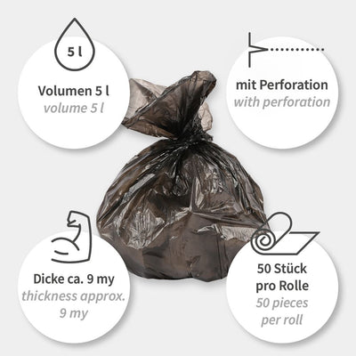 Müllbeutel Light, 5 l - 9 my  | HDPE, Rolle, verschiedene Farben - Karton mit 50 x 50 Stück (2500 Stück)