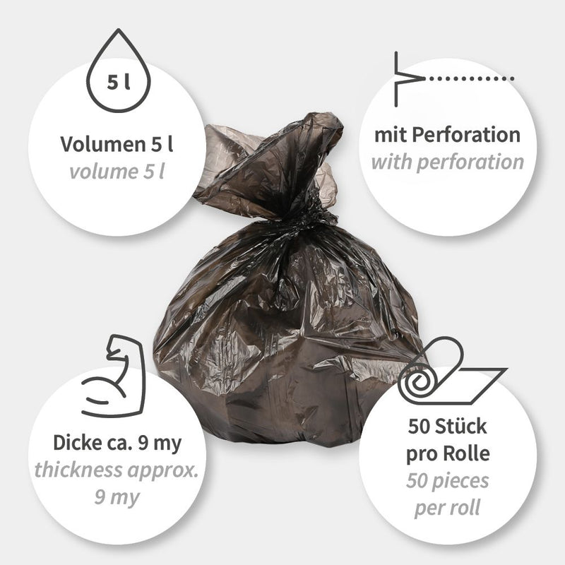 Müllbeutel Light, 5 l - 9 my  | HDPE, Rolle, verschiedene Farben - Karton mit 50 x 50 Stück (2500 Stück)