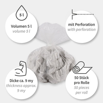 Müllbeutel Light, 5 l - 9 my  | HDPE, Rolle, verschiedene Farben - Karton mit 50 x 50 Stück (2500 Stück)