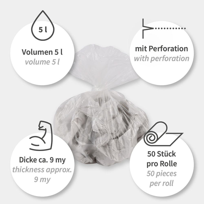 Müllbeutel Light, 5 l - 9 my  | HDPE, Rolle, verschiedene Farben - Karton mit 50 x 50 Stück (2500 Stück)