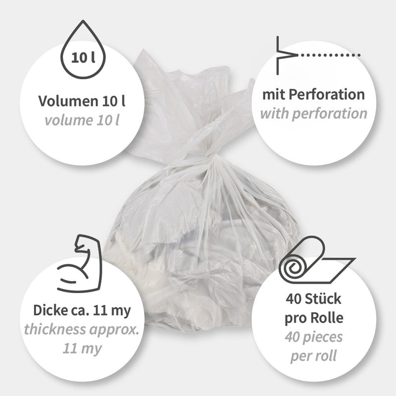 Müllbeutel für Kosmetikeimer, 10 l - 11 my | HDPE, Rolle, verschiedene Farben - Karton mit 48 x 40 Stück (1920 Stück)