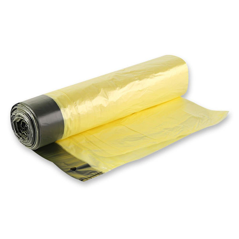 Müllbeutel mit Zugband, 60 l - 12 my | HDPE, Rolle, gelb-schwarz - Karton mit 50 x 20 Stück (1000 Stück)