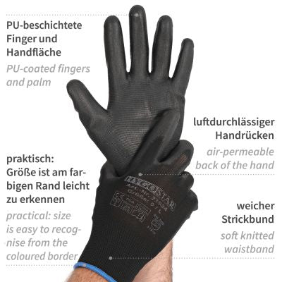 Feinstrickhandschuhe Black Ace, PU-Beschichtung - Karton mit 10 x 12 Paar