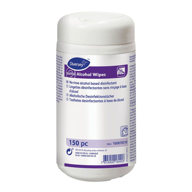 Diversey Suma Alcohol Wipes, alkoholische Desinfektionstücher, weiß - Karton mit 12 Dosen á 150 Stück
