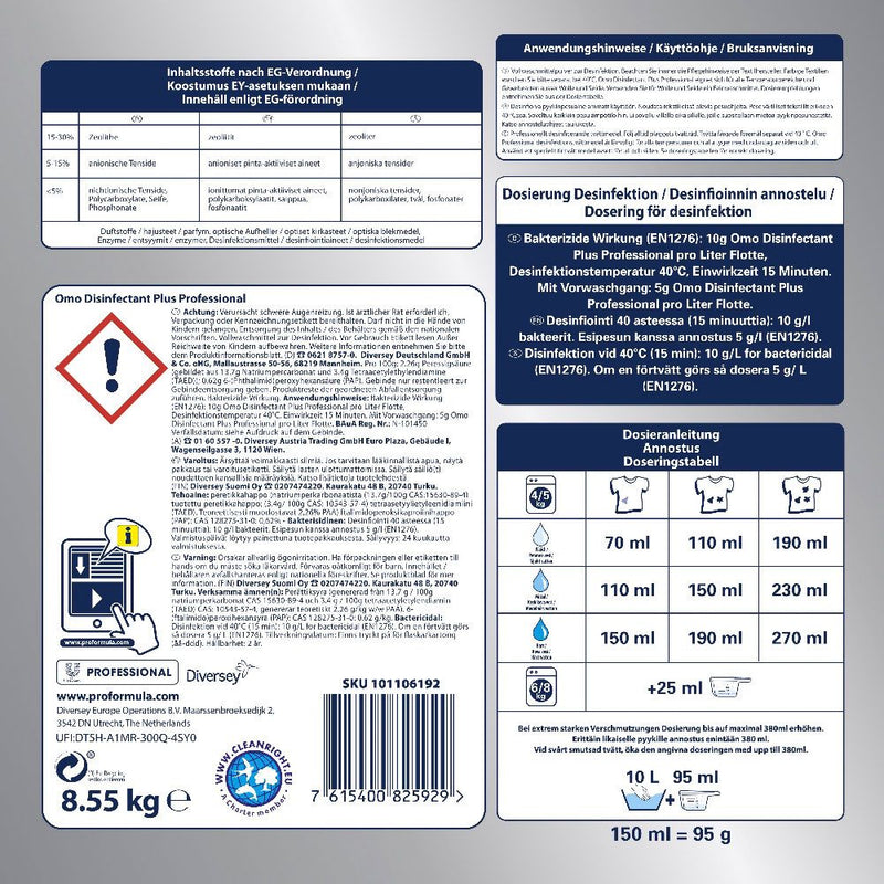 Diversey Omo Professional Disinfectant Plus, Desinfektions-Textilwaschmittel, weiß - Karton mit 1 Stück á 8,55 kg