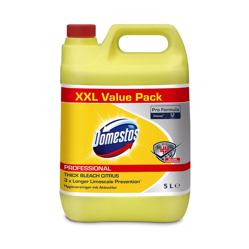 Diversey DOMESTOS Pro Formula Citrus, desinfizierendes Bleichmittel, gelb - Karton mit 4 Kanistern á 5 Liter