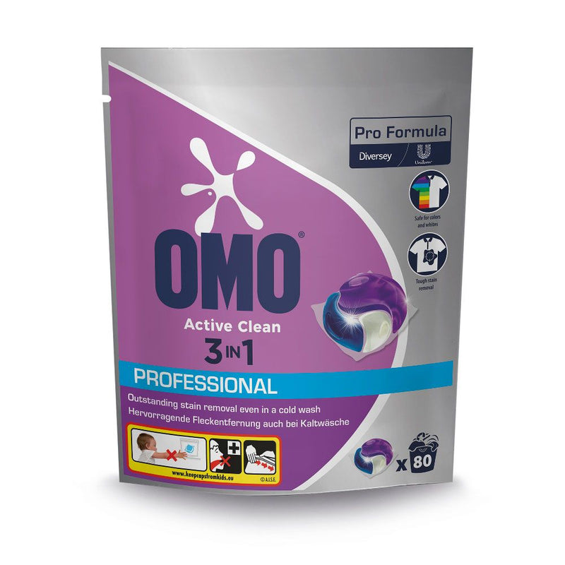 Diversey Omo Pro Formula ActiveClean 3in1 Vollwaschmittel-Caps, mehrfarbig - Karton mit 320 Stück (4 x 80 Stück)