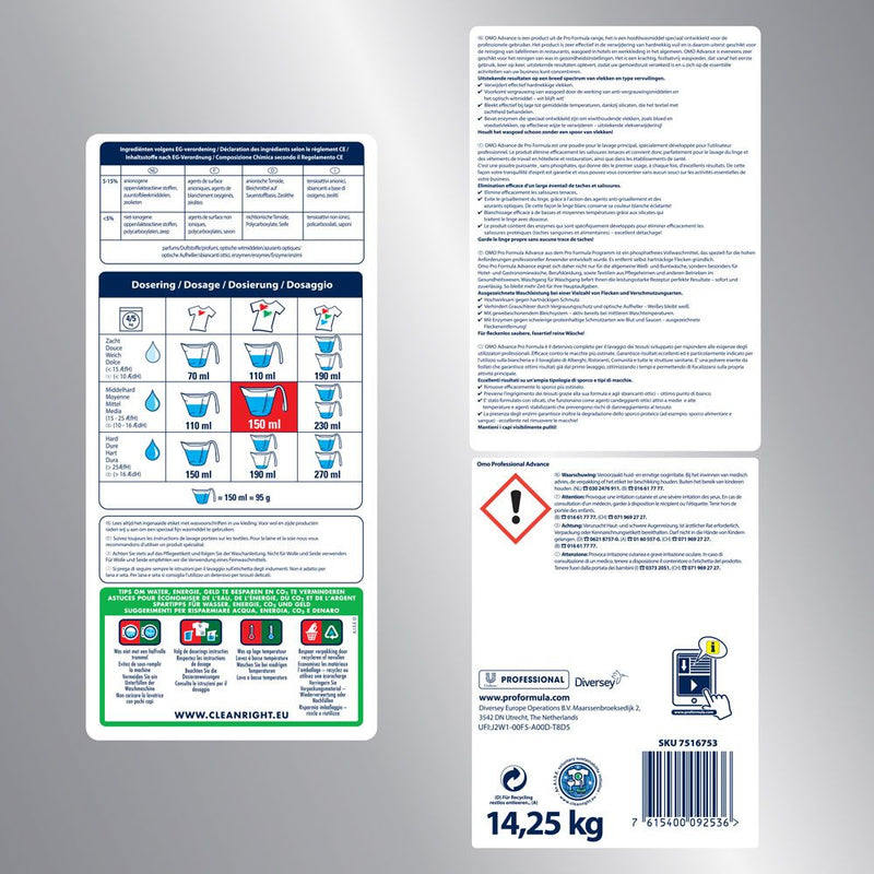 Diversey Omo Professional Advance Vollwaschmittel, enzymatisches Pulverwaschmittel, weiß - Karton mit 1 Stück á 14,25 kg