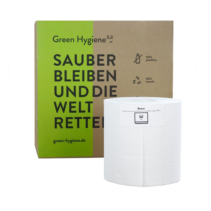 Green Hygiene® Papierhandtuchrollen RAINER, 2-lagig, weiß | Recyclingpapier, Innenabwicklung - Karton mit 8 Stück