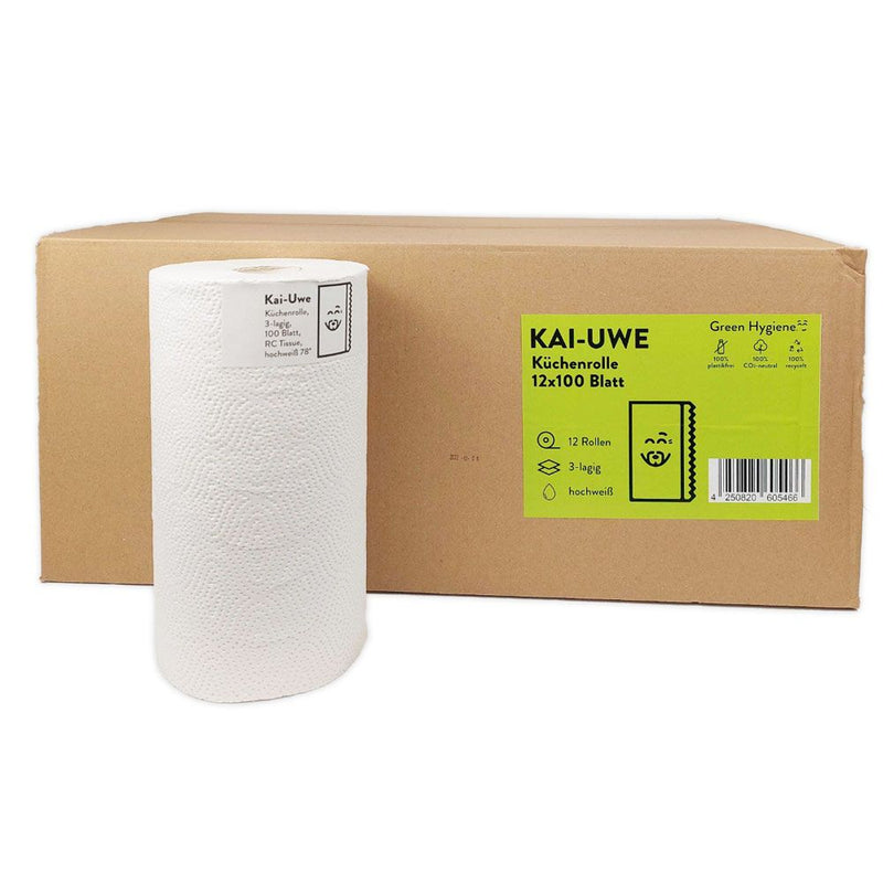 Green Hygiene® Küchenrollen KAI-UWE, 3-lagig | Recyclingpapier, Karton mit 12 Rollen á 100 Abrisse