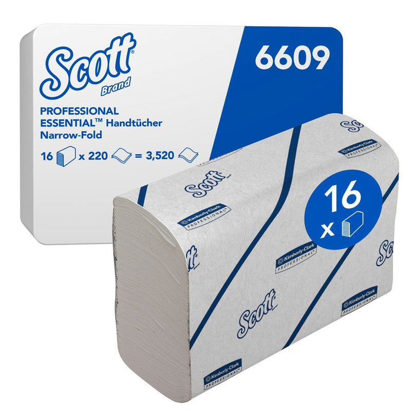 Scott® Essential™ Falthandtücher 6609, 2-lagig, Narrow-Fold, FSC®-Recycled, weiß - Karton mit 3520 Stück (16 x 220 Stück)