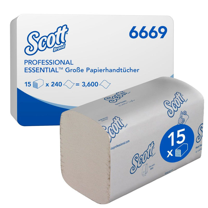 Scott® Essential™ große Falthandtücher 6669, 1-lagig, Interfold, FSC®-Mix, weiß - Karton mit 3600 Stück (15 x 240 Stück)