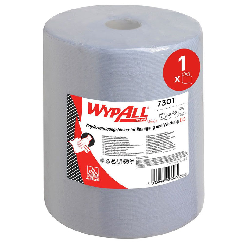 WypAll® L20 Papierwischtücher, 2-lagig, extra breit, Rolle, blau - Karton mit 1 Rolle (1 x 500 Blatt)