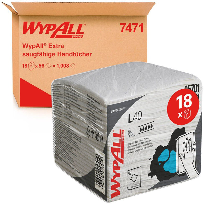 WypAll® L40 Power Clean™ Wischtücher, 1-lagig, viertelgefaltet, weiß - Karton mit 1008 Stück (18 x 56 Stück)