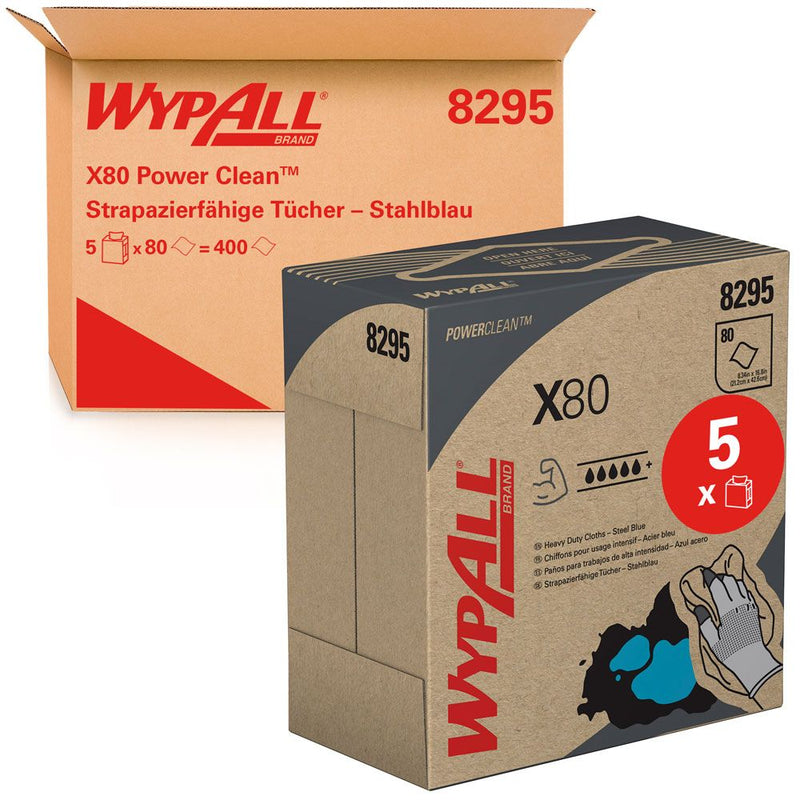 WypAll® X80 Power Clean™ strapazierfähige Tücher, 1-lagig, Zupfbox, blau - Karton mit 400 Stück (5 x 80 Stück)