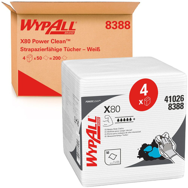 WypAll® X80 Power Clean™ strapazierfähige Tücher 8388, 1-lagig, viertelgefaltet, weiß - Karton mit 200 Stück (4 x 50 Stück)